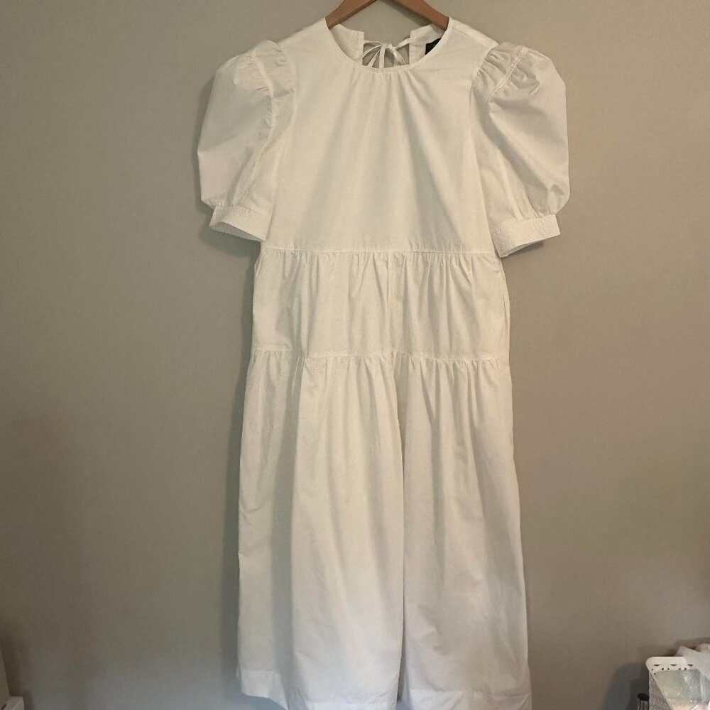 En Saison Poplin Tiered Midi Dress Bow Back Short Puff Sleeve Cottagecore - XS